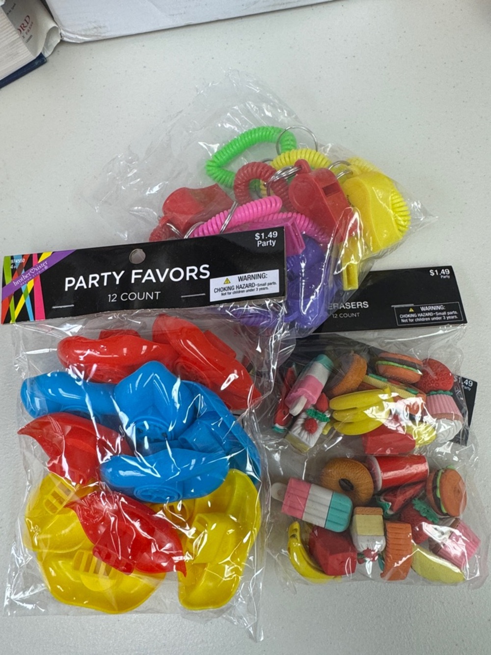 Party Favors Multicolor Plastic Whistles - Erasers - noisemakers all new treats